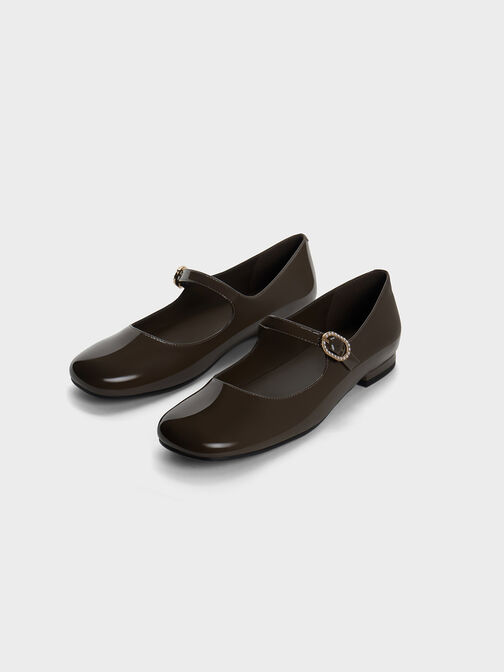 Sepatu Mary Janes Patent Pearl-Buckle, Brown, hi-res