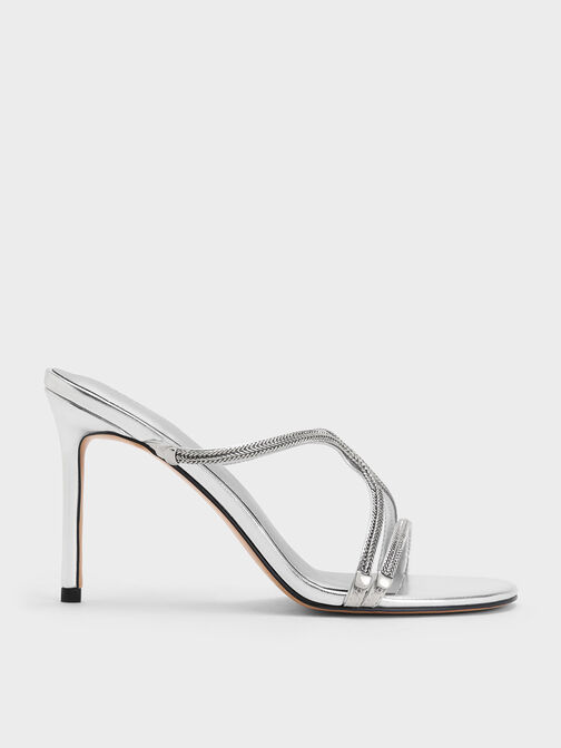 Metallic Braided Strappy Heeled Mules, Silver, hi-res