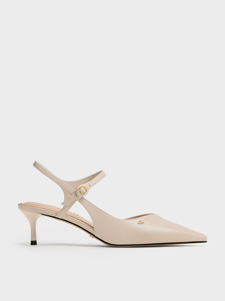 Leather Buckle-Strap Kitten Heels, Oat, hi-res