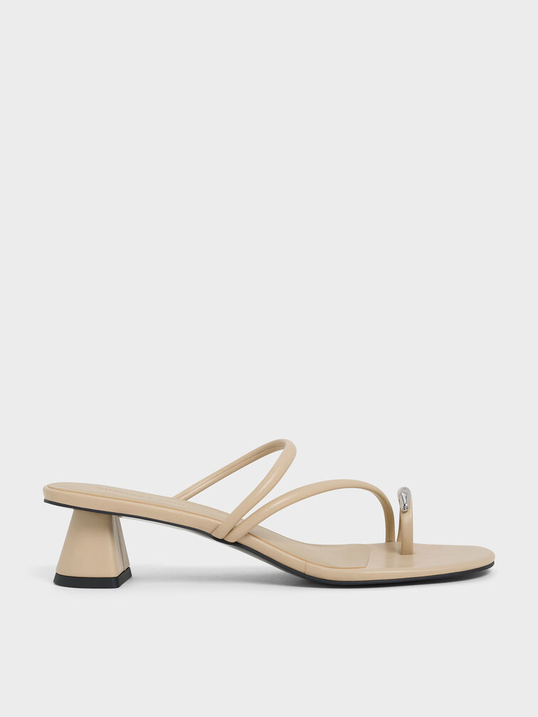 Sandal Heeled Strappy Toe-Ring Metallic-Accent, Taupe, hi-res