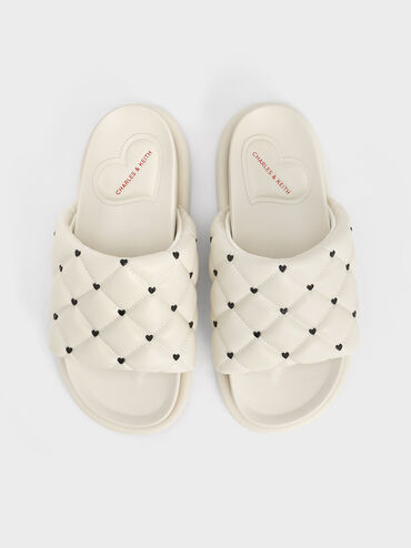 Sandal Padded Quilted Heart-Print Dahlia, Chalk, hi-res