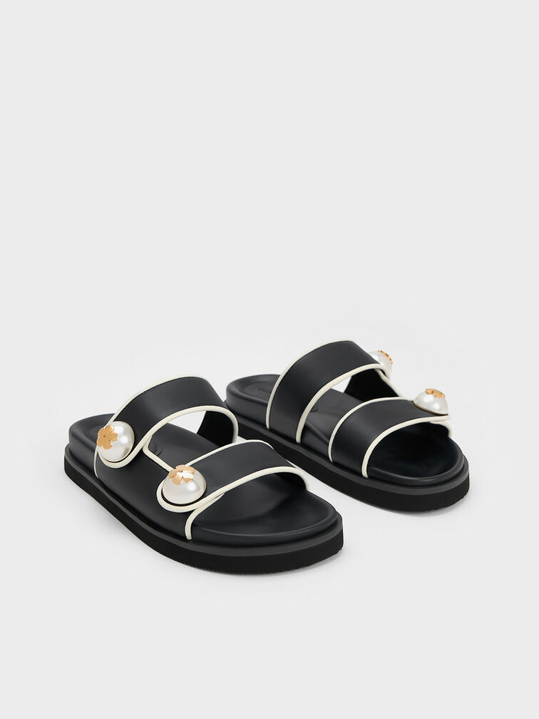 Sandal Slides Pearl Embellished Contrast-Trim, Black, hi-res