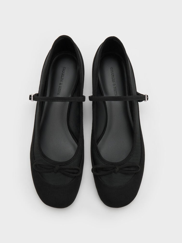 Sepatu Mary Janes Mulligan Faux Suede & Mesh, Black Textured, hi-res