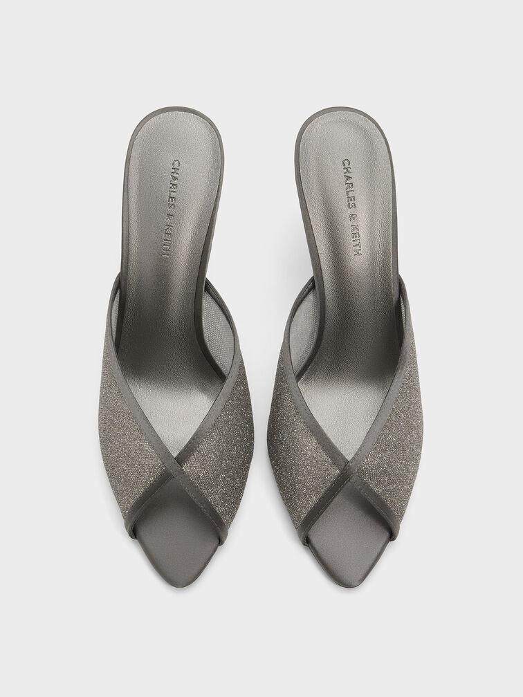 Glittered Mesh Peep-Toe Heeled Mules, Grey, hi-res