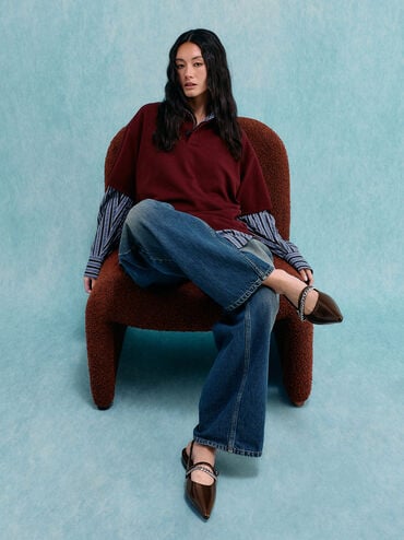 Sepatu Flats Slingback Chain Pointed Georgie, Dark Brown, hi-res