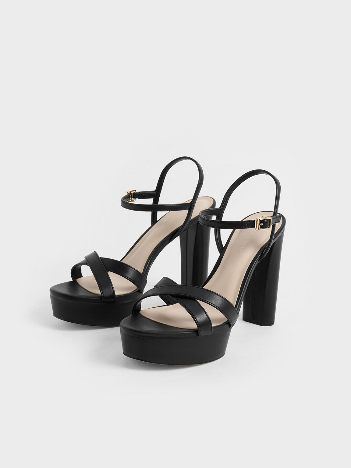 Crossover Platform Heeled Sandals, Black, hi-res