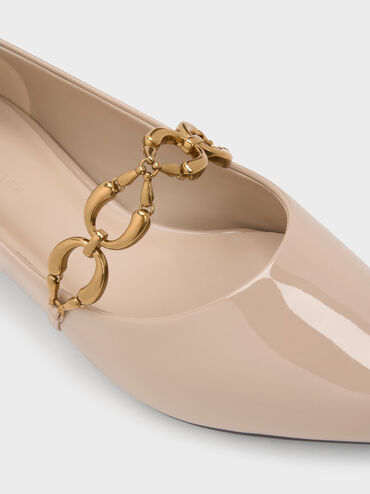 Sepatu Flats Ballet Metallic-Accent Patent, Nude, hi-res