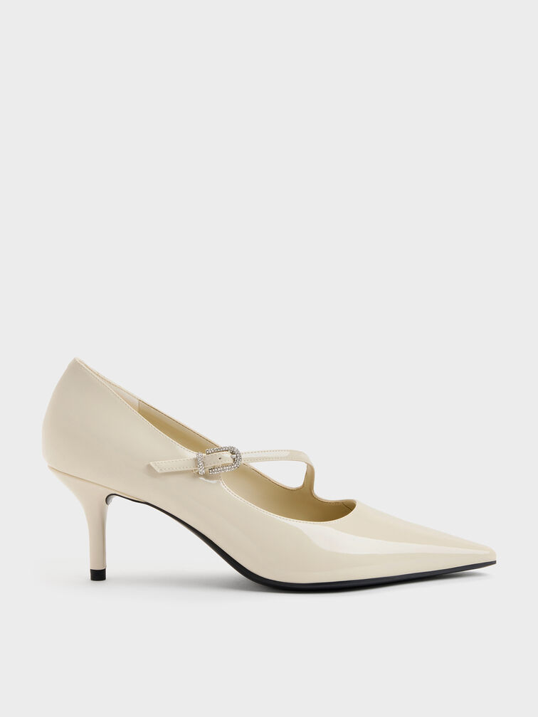 Sepatu Pumps Asymmetric-Strap Patent, Chalk, hi-res
