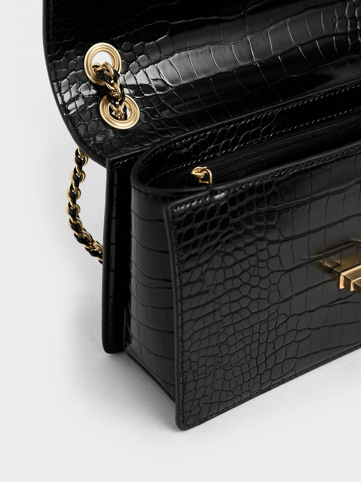 Textured Chain Handle Bag, Black, hi-res
