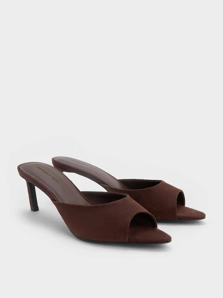 Sepatu Heeed Mules Peep-Toe Pointed Faux Suede, Dark Brown, hi-res