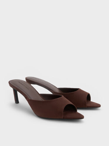 Sepatu Heeed Mules Peep-Toe Pointed Faux Suede, Dark Brown, hi-res