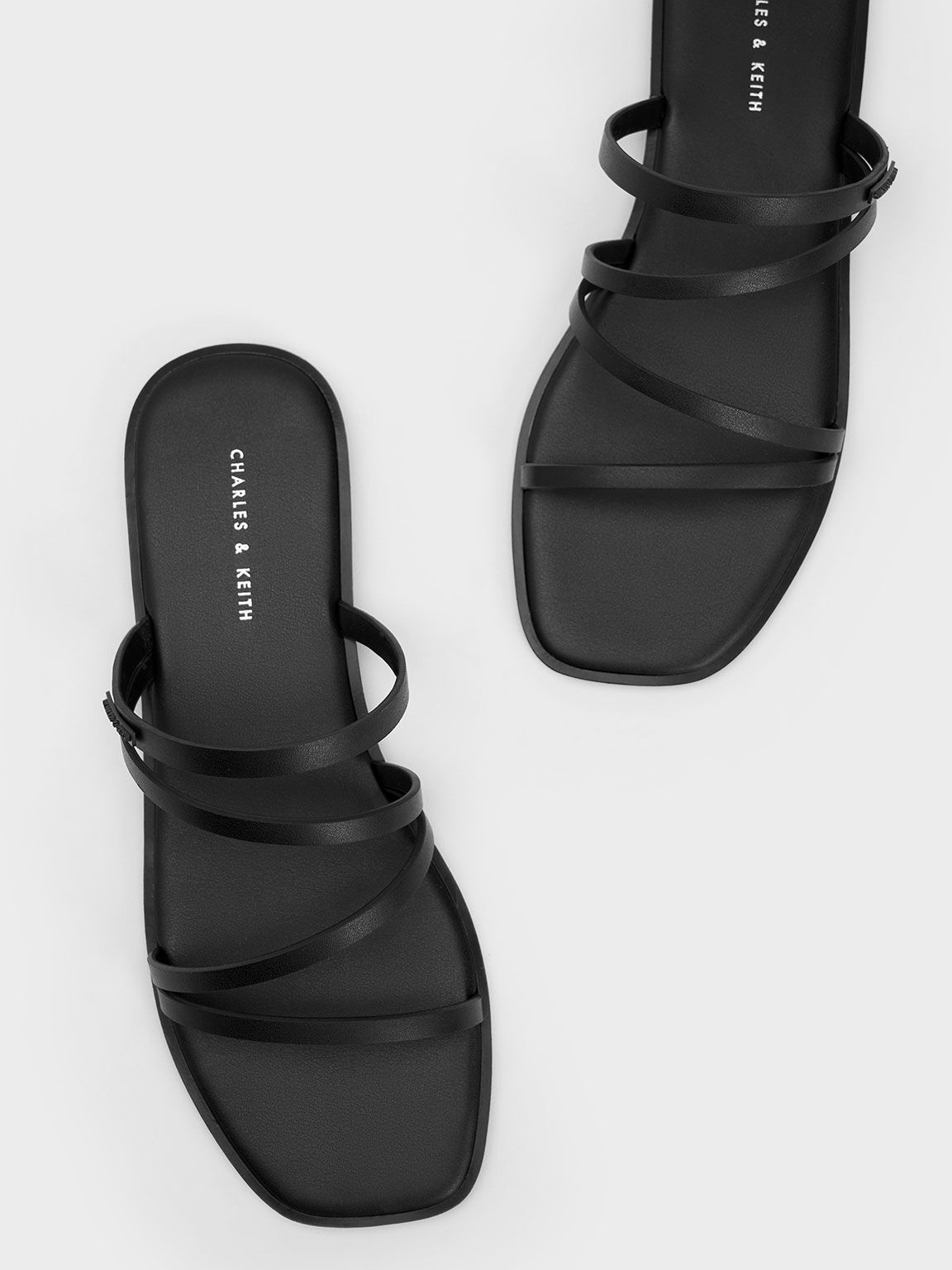 Strappy Slide Sandals, Black, hi-res