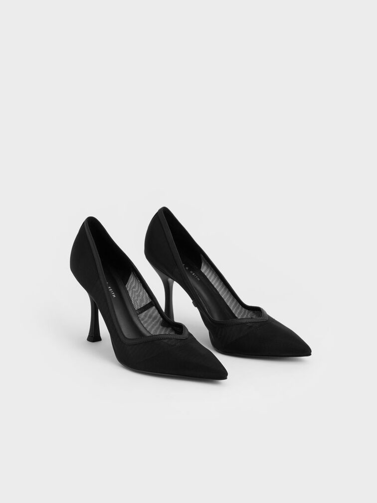Sepatu Pumps Mesh Pointed-Toe, Black, hi-res