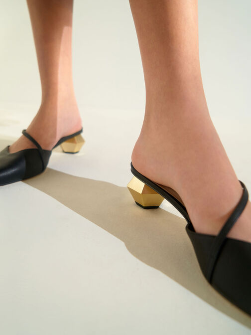 Sepatu Mules Asymmetric Strap Chrome Heel, Black, hi-res