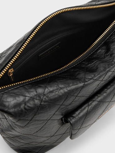 Duo Quilted Front-Pocket Hobo Bag, Black, hi-res