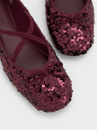 Sepatu Flats Sequinned Crossover Mary Jane, Burgundy, hi-res