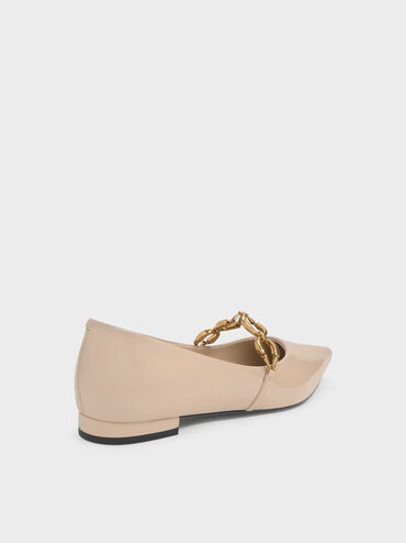 Sepatu Flats Ballet Metallic-Accent Patent, Nude, hi-res
