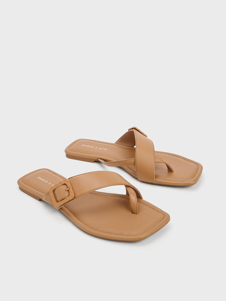 Quilted Buckle Thong Sandals, Camel, hi-res