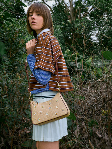 Tas Selempang Flower Philomena Raffia, Beige, hi-res