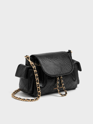 Tas Ransel Front Flap Two-Way Quilted Duo, Black, hi-res