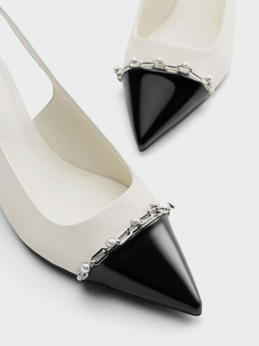 Sepatu Slingback Pumps Patent Pearl Chain-Link, White, hi-res