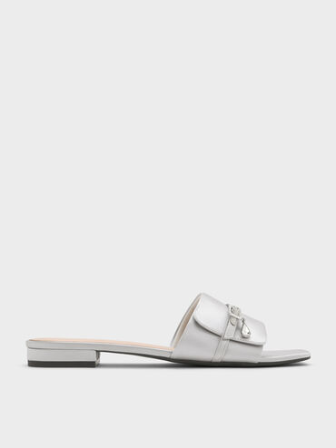 Sandal selip Buckle-Strap Teardrop-Crystal Satin, Silver, hi-res