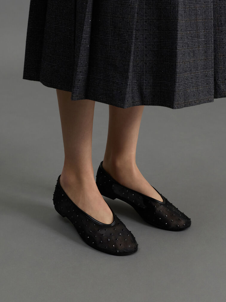 Sepatu Flats Ballet Crystal Mesh, Black Textured, hi-res