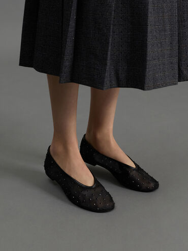 Sepatu Flats Ballet Crystal Mesh, Black Textured, hi-res