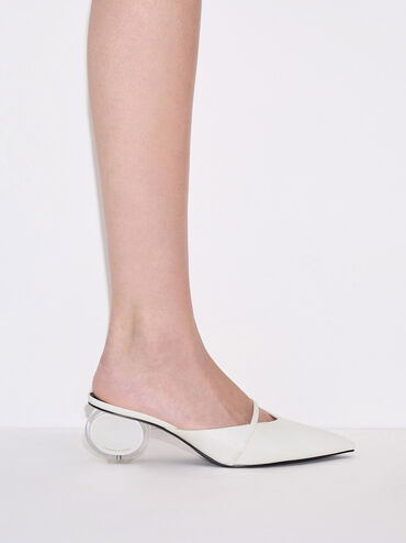 Sepatu Mules Pointed-Toe Sculptural-Heel Crinckle-Effect, White, hi-res