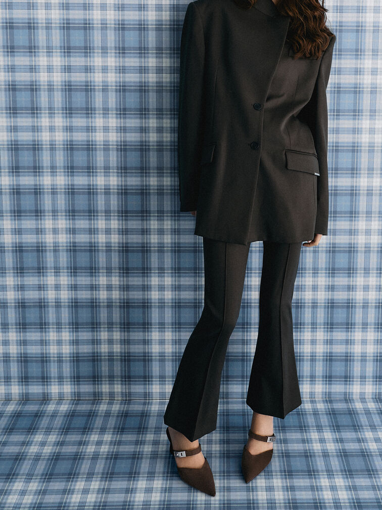 Sepatu Heeled Mules Metallic-Buckle Pointed-Toe Lando Faux Suede, Dark Brown Textured, hi-res