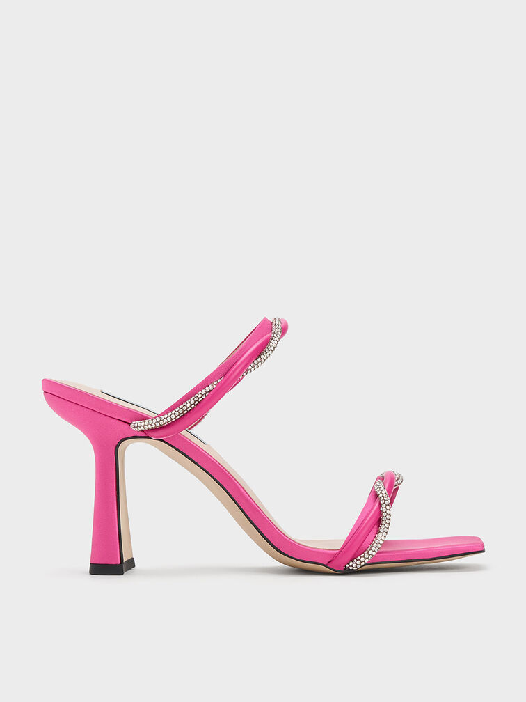 Sandal Embellished Twisted Strap Satin, Pink, hi-res