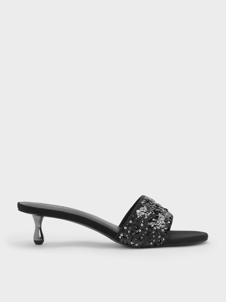 Sepatu Mules Heeled Ruthie Sequinned, Black Textured, hi-res