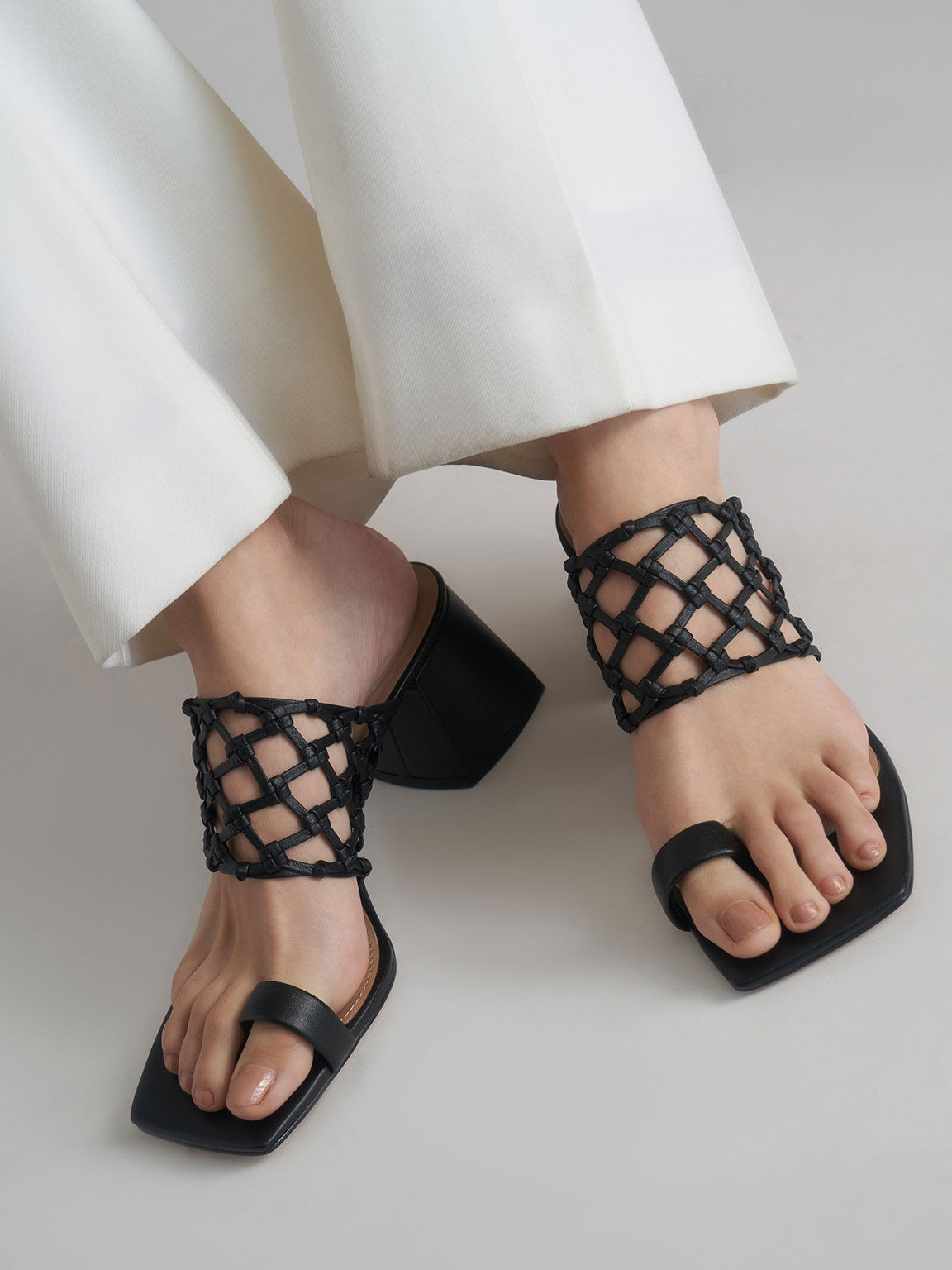 Woven Toe Ring Sandals, Black, hi-res
