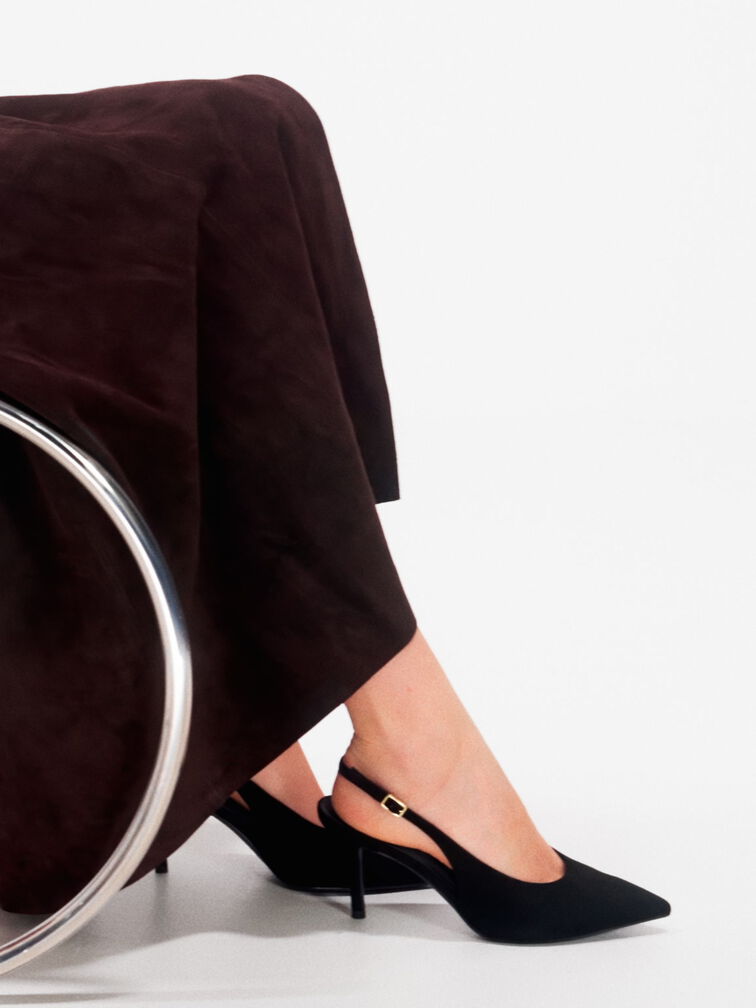 Sepatu Pumps Slingback Faux Suede Emelia, Black Textured, hi-res