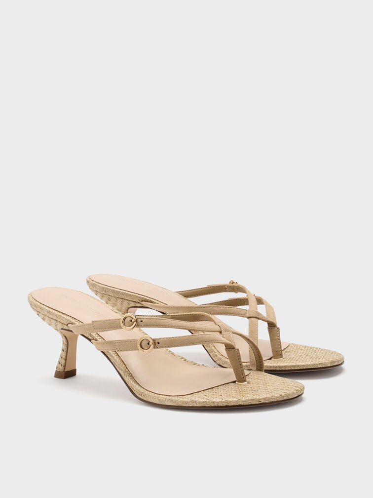 Sandal Heel Strappy Toe-Ring Crossover Faux Suede, Sand, hi-res