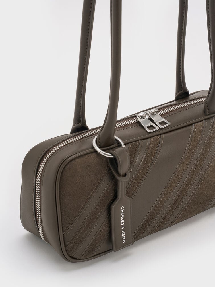 Zeya Recycled Suede Striped Shoulder Bag, Dark Moss, hi-res