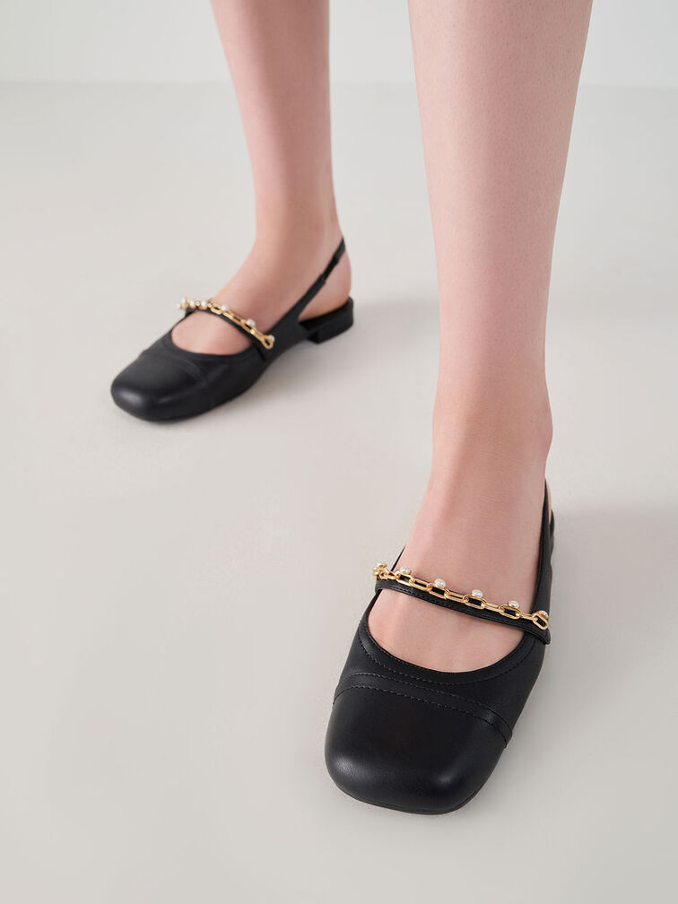 Sepatu Slingback Mary Janes Beaded Chain Link Linen, Black, hi-res