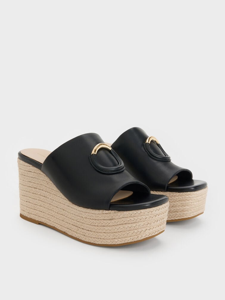 Sepatu Wedges Espadrille Metallic-Accent, Black, hi-res