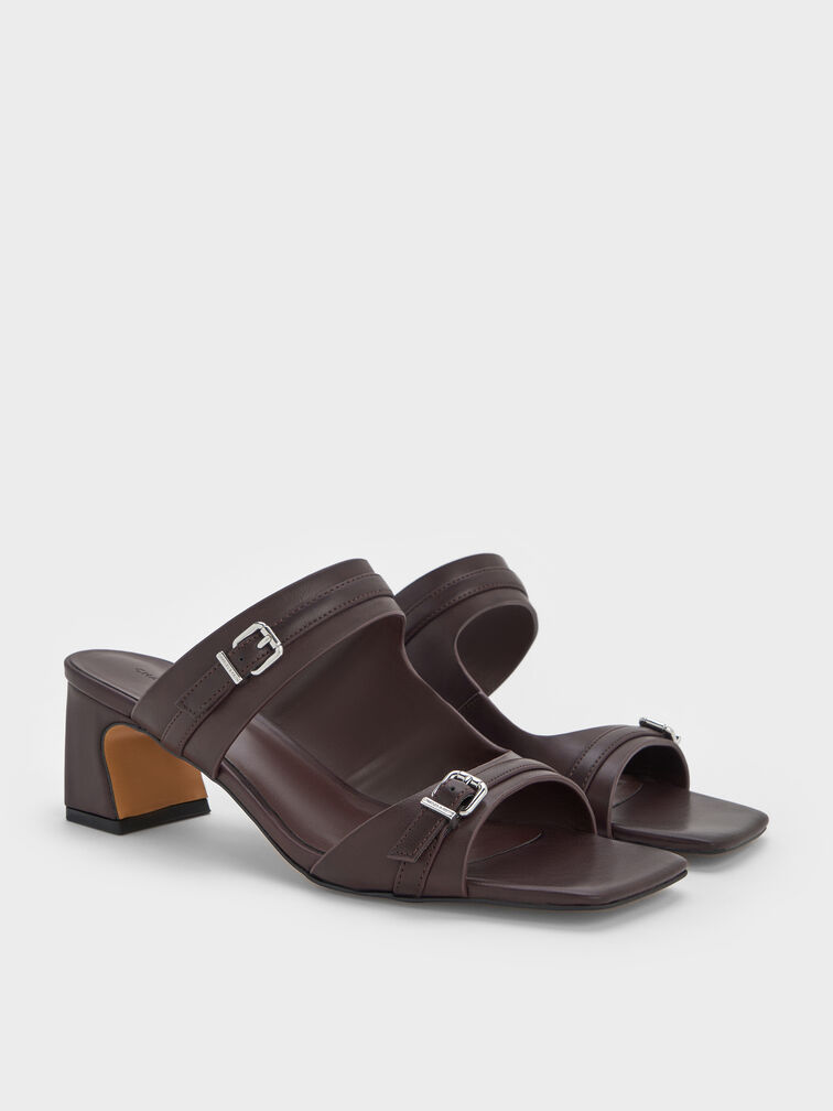 Sepatu Mules Heeled Double-Strap Buckled, Burgundy, hi-res