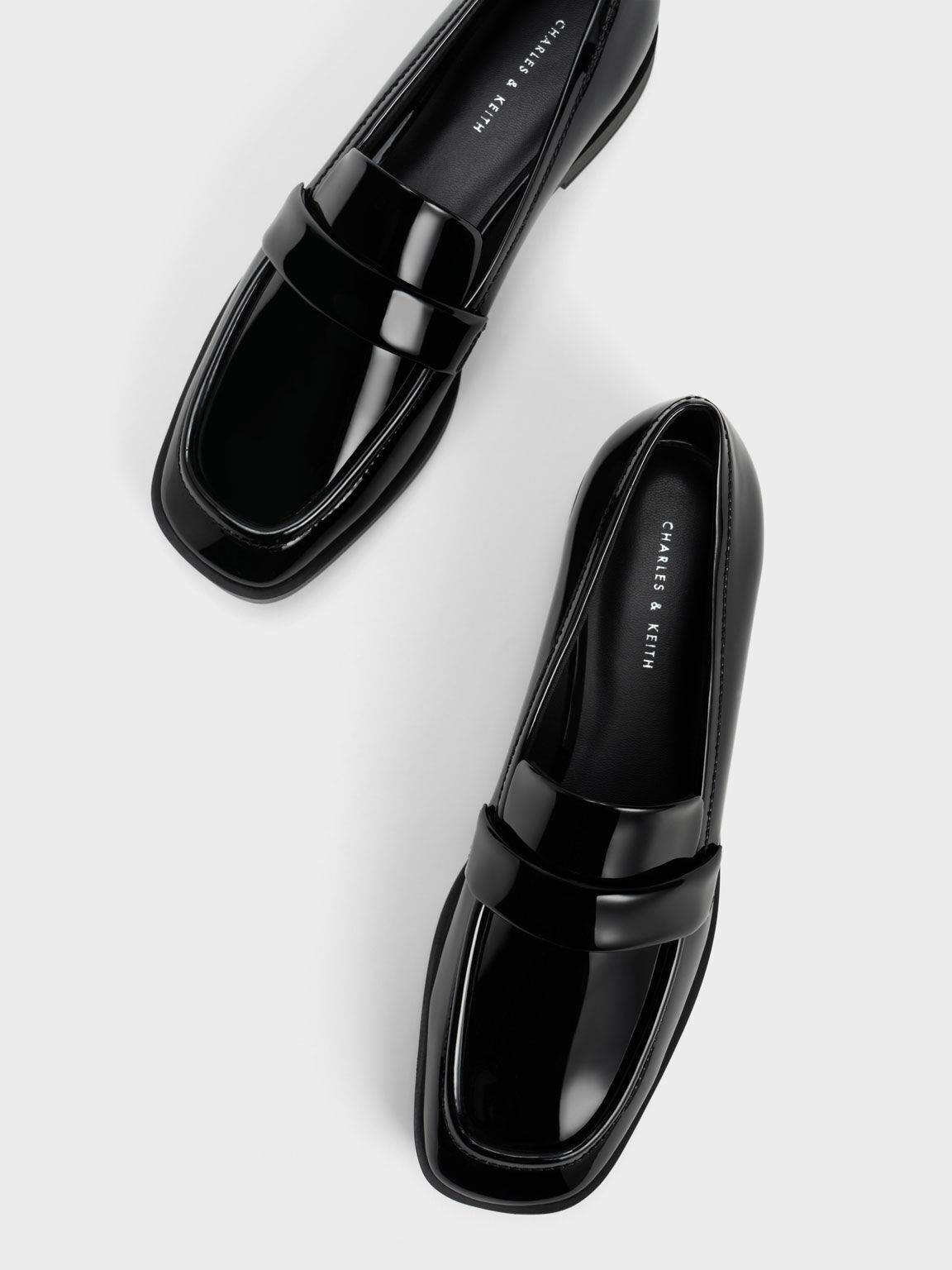 Patent Square-Toe Penny Loafers, Black Textured, hi-res
