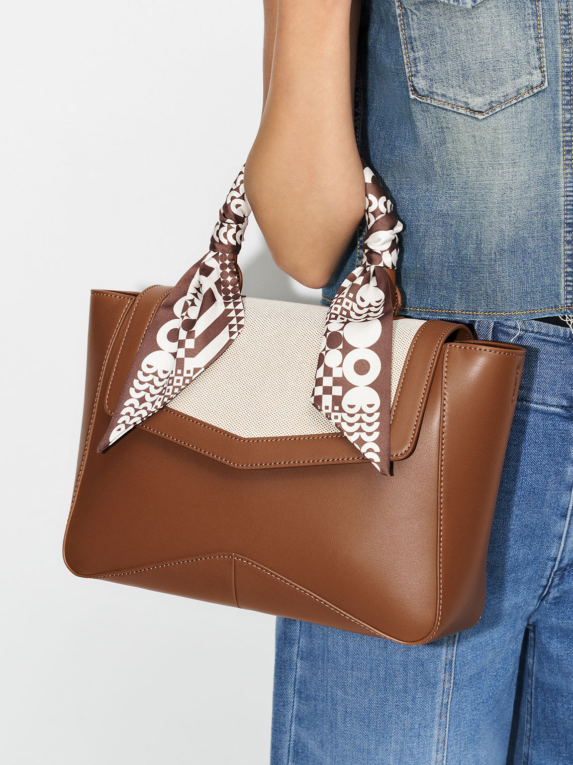 Arley Canvas Scarf-Wrapped Top Handle Bag, Chocolate, hi-res