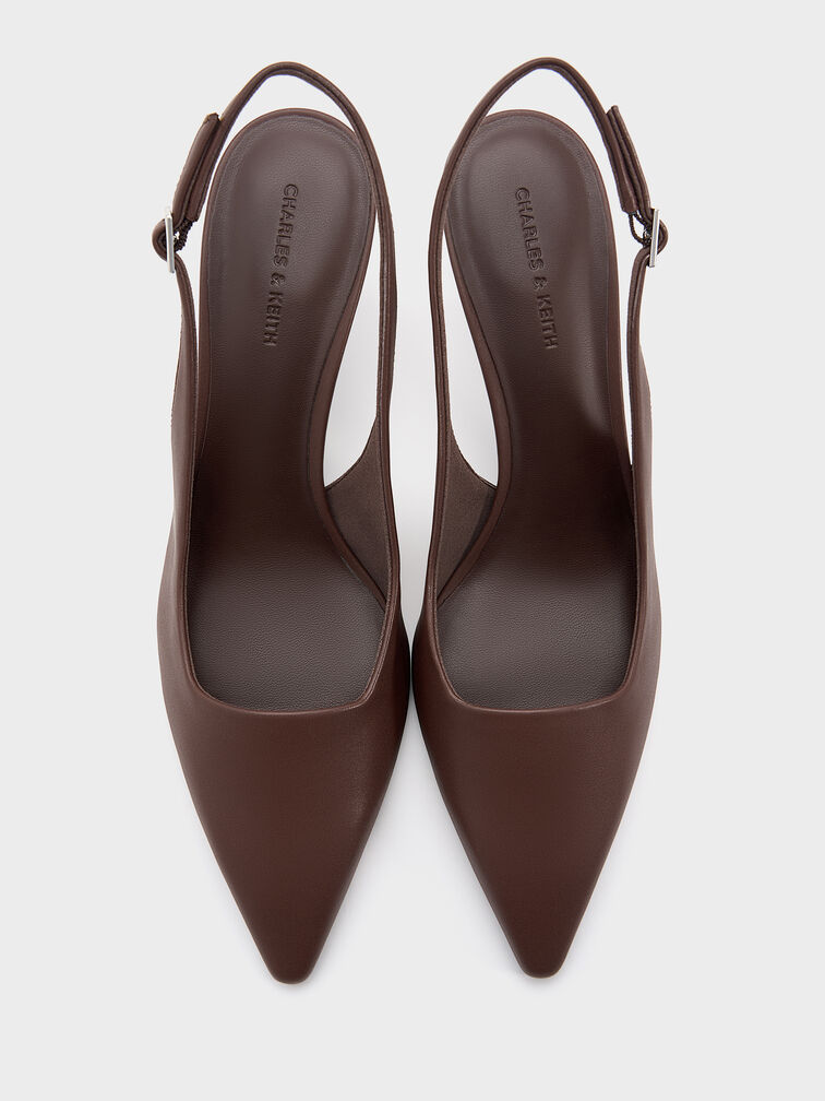 Sepatu Slingback Pumps Kitten-Heel Pointed-Toe, Dark Brown, hi-res