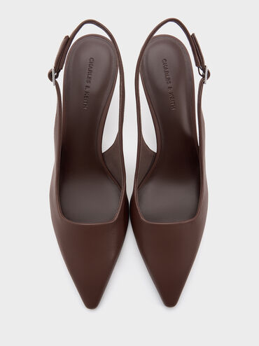 Sepatu Slingback Pumps Kitten-Heel Pointed-Toe, Dark Brown, hi-res