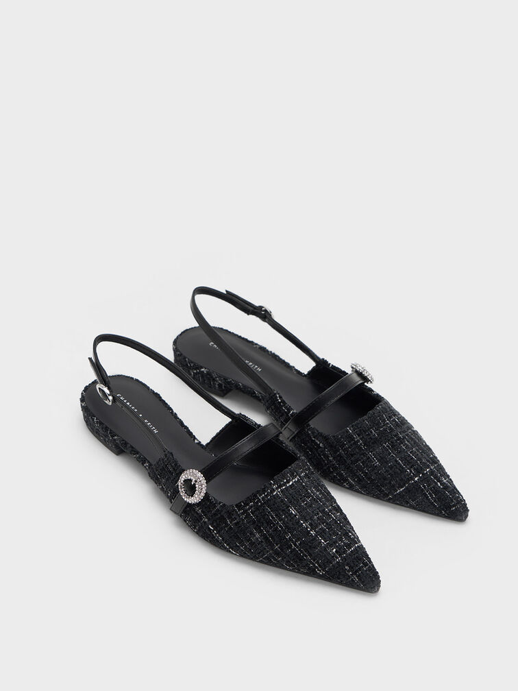 Sepatu Slingback Flats Tweed Crystal-Embellished, Multi, hi-res