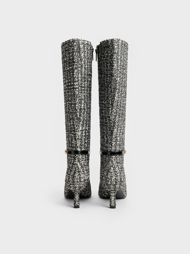 Tweed Pointed Heeled Knee-High Boots, Black Textured, hi-res