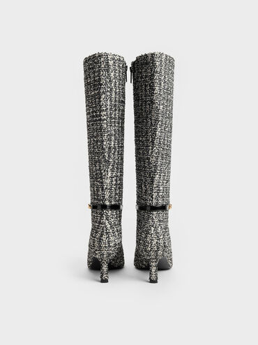 Tweed Pointed Heeled Knee-High Boots, Black Textured, hi-res