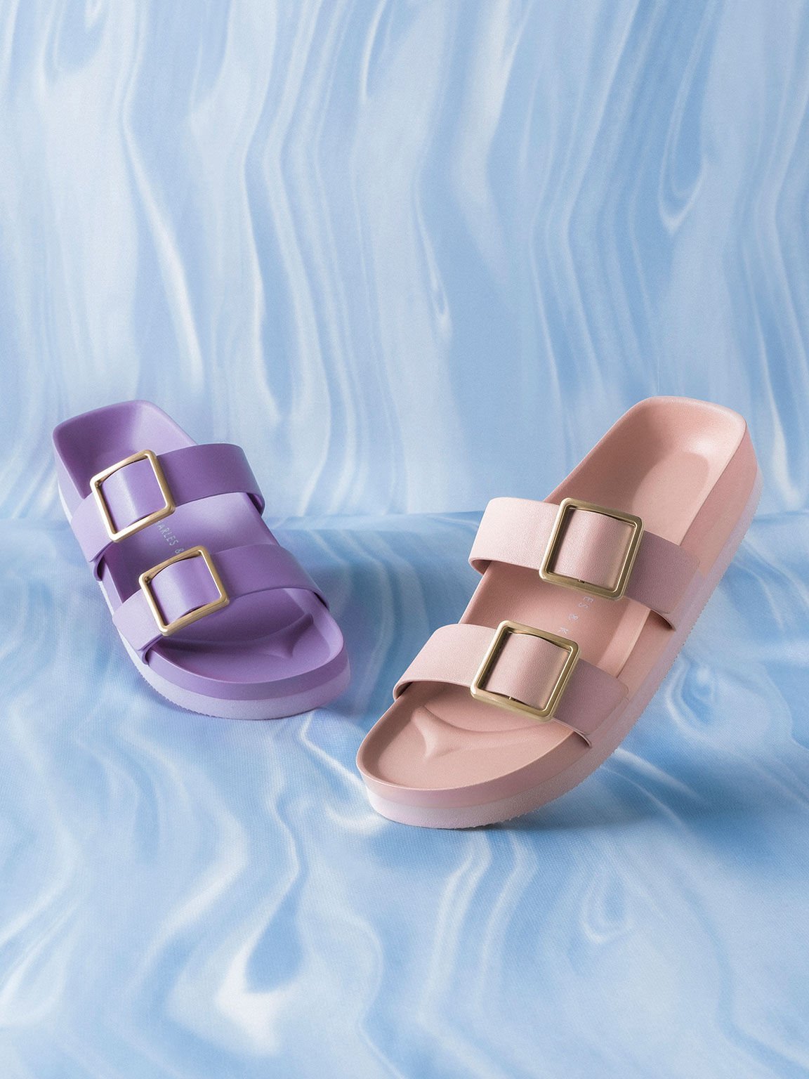 Metallic Buckle Slide Sandals, Purple, hi-res