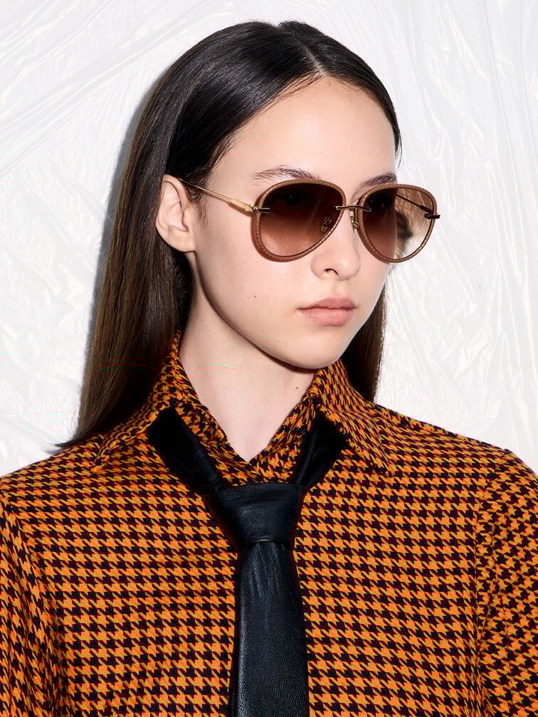 Kacamata Aviator Braided-Rim Leather, Chocolate, hi-res