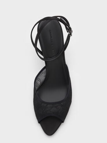 Lace & Satin Peep-Toe Heels, Black Textured, hi-res