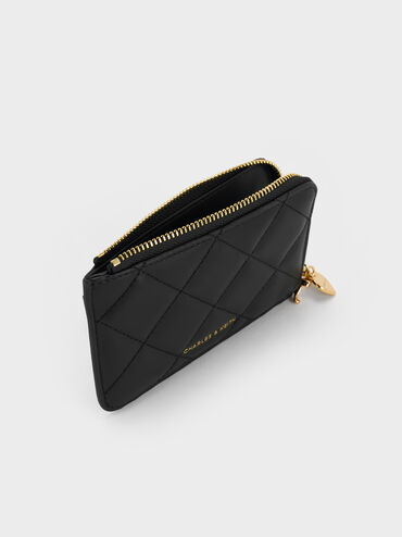 Dompet Zip-Around Quilted Bow-Heart Charm Arrietty, Black, hi-res